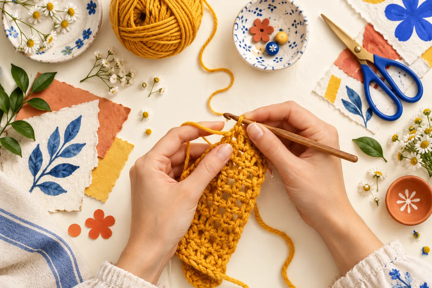 Hands crocheting with yellow yarn