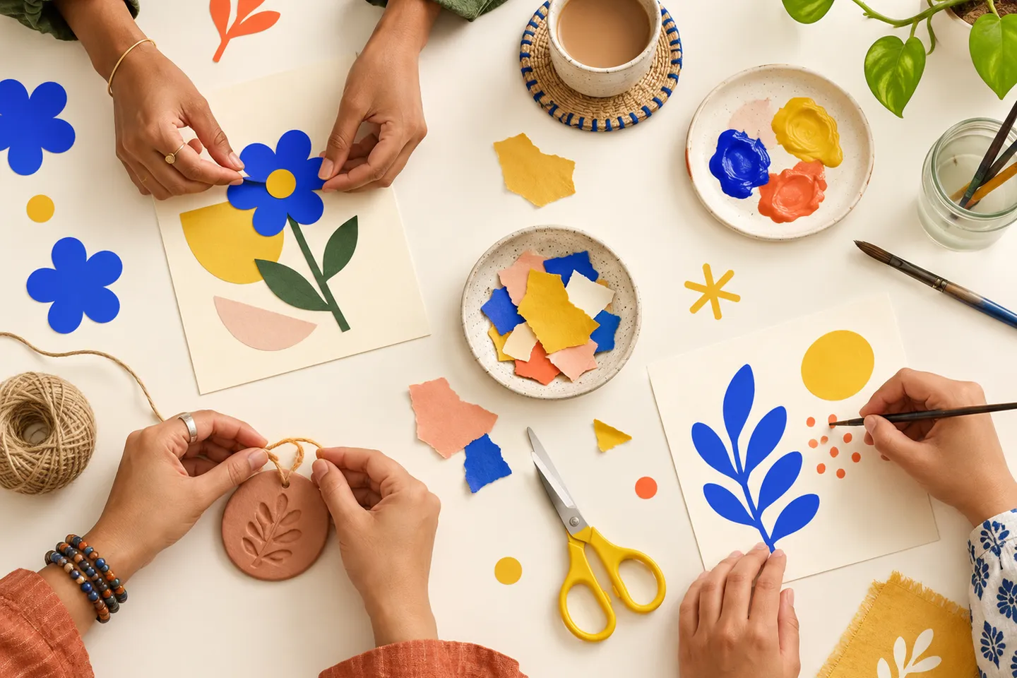 Hands arranging cut paper shapes on the table