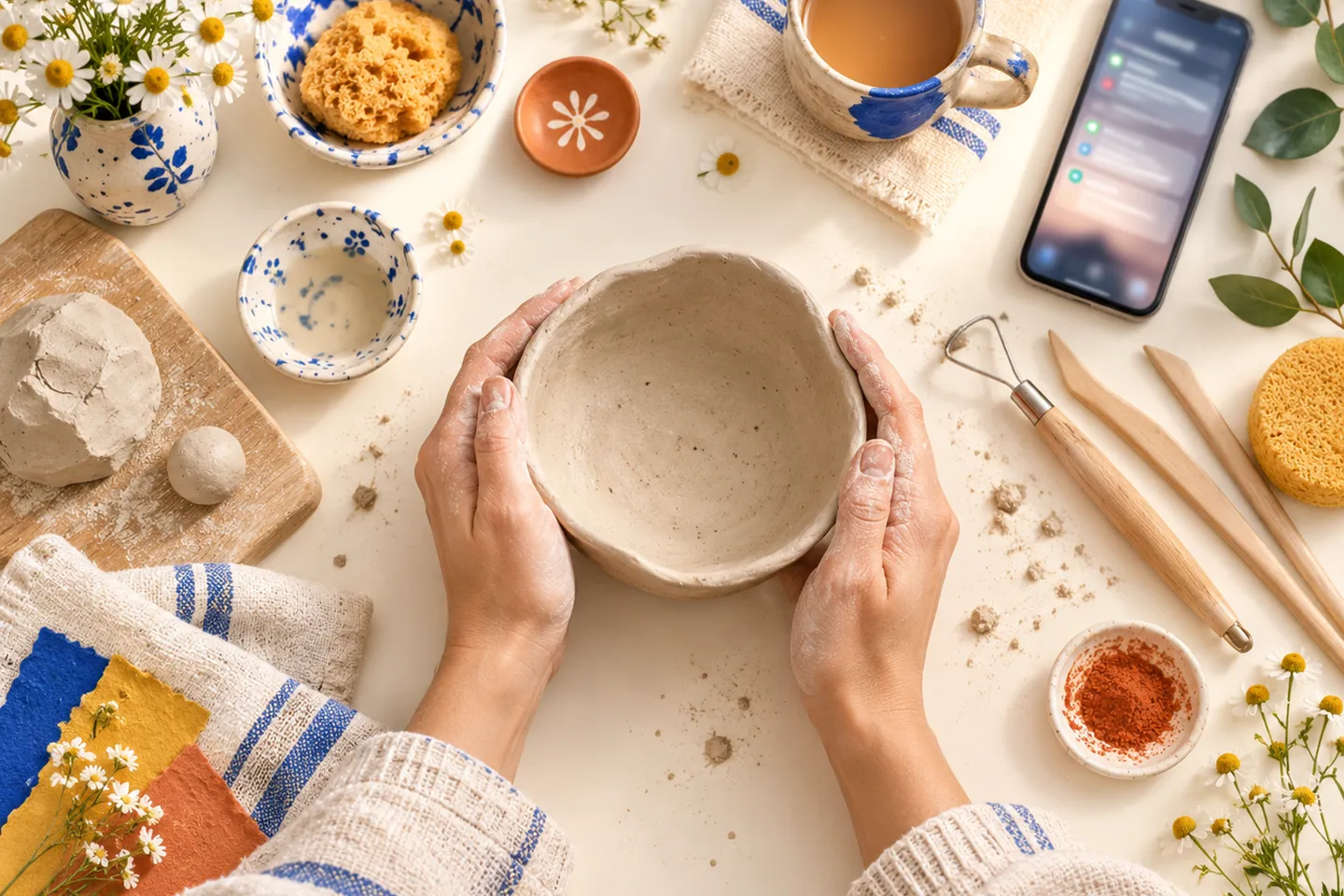 Hands holding a clay bowl beside a phone